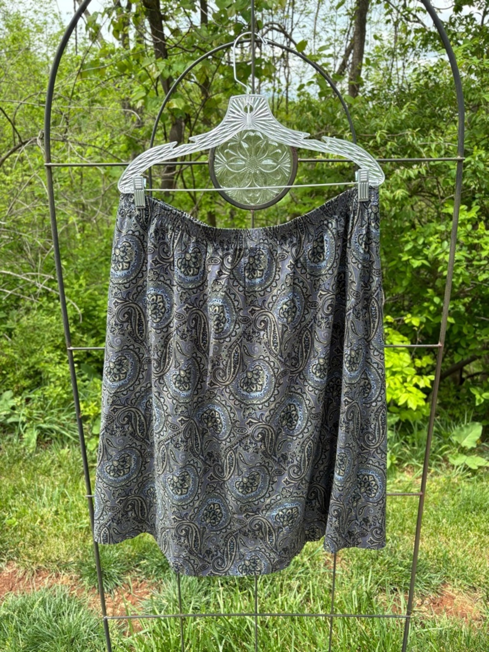 Vintage Blair Paisley Midi Skirt XL Elastic Waist Boho Pull On Gray Blue Cottage